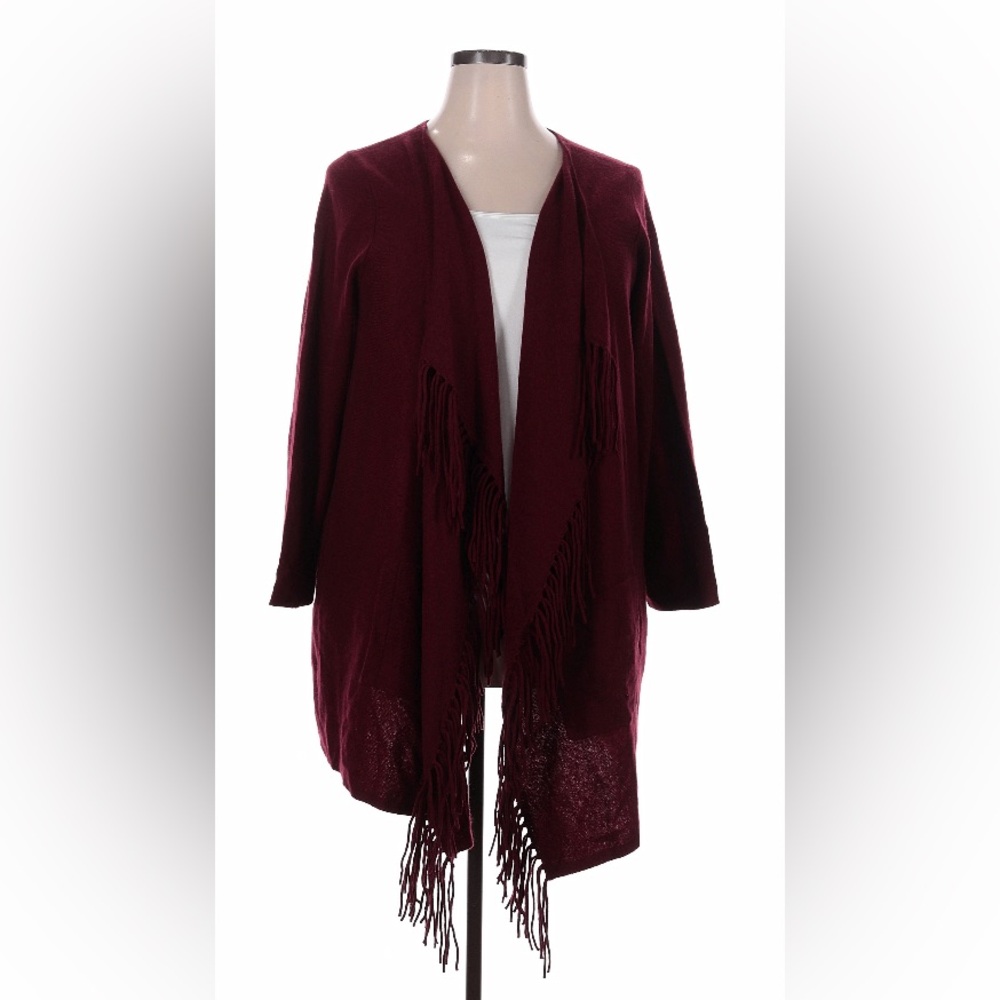 100% Cashmere 2X (fits 3X) Isaac Mizrahi LIVE fringe cardigan sweater burgundy
